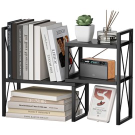 Yelinkws Desktop Shelf Organizer,Small Bookshelf for Office,Wood Desk Top Shelves, Office Organization and Storage-Black