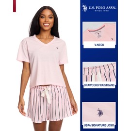 U.S. Polo Assn. Pajama Sets for Women 2 Piece with Knit Tee and Woven Pajama Shorts, PJ Set (Light Pink Heather, Large)