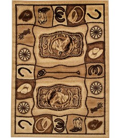 champion rugs Rustic Country Theme Cowboy Buckle Boots Hat Horseshoe Western Lodge Area Rug Carpet (3 Feet 10 Inch X 5 Feet 2 Inch)
