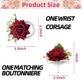 Pack of 2 Red Rose Wrist Corsage and Boutonniere Set for Men Women – Artificial Flowers with Pearl Bracelet and Boutonniere Pin for Bride, Groom, Bridesmaids, Groomsmen, Weddings, Prom Accessories