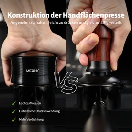 MICXNIC Palm Tamper 58 mm, Spring Loaded Coffee Tamper for Barista Accessories, 58 mm Portafilter, Self Leveling Espresso Tamper with 304 Stainless Steel Wavelength Base, Walnut and Black