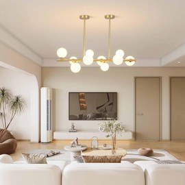 BOKT 37" Modern Gold Globe Sputnik Chandelier Mid Century Brass Linear Chandelier 10-Lights Frosted White Glass Ball Pendant Light Ceiling Lamp Dining Light Fixture Over Table