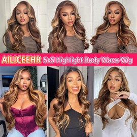 AILICEEHR Highlight 5x5 HD Lace Closure Wigs Human Hair Body Wave P4/27 Ombre Lace Closure Wig for Black Women 180 Density Honey Blonde Closure Wigs Pre Plucked Glueless 18 Inch