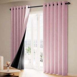 Cortinas Blackout 100% 2 Paneles,Cortinas para Recamara y Sala con Forro Negro,Suave 100% Microfibra Poliéster Impermeable,Anillo de Sujeción,Reducción de Ruido, 132 * 214cm（Rosa）