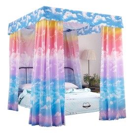 Mengersi Canopy Bed Curtains for Girls Queen Size, Cloud Sky Rainbow Pattern Bed Curtains for Bedroom Girls Room Decor(Pink and SkyBlue)