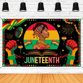 Mocsicka Happy Juneteenth Banner Juneteenth June 19th Freedom Day Party Decorations Banner for Africa American Independence Day Party Photography Background (Black, 70.8x43.3 inch)