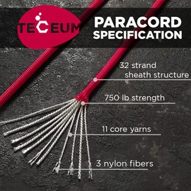 TECEUM Paracord Type IV 750 lb Crimson – 1000 ft – 4mm – 100% Nylon Strong Tactical MIL–SPEC Parachute Cord – Survival Rope Emergency para Cord 11 Strands Core EDC Camping Hiking Military Gear 324a