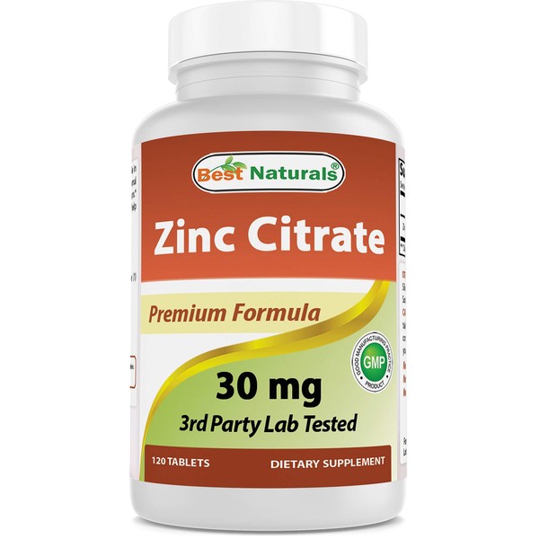 Best Naturals Zinc 30mg Supplements (as Zinc Citrate) - zinc Vitamins for Adults Immune Support - 120 Tablets