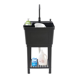 LyeXD Utility Sink with Faucet, Freestanding Plastic Laundry Sink with Soap Box & Storage Rack, PP Kitchen Space Saving Laundry Tub Wash Tub Outdoor Sink for Laundry Room & Garage (Black)