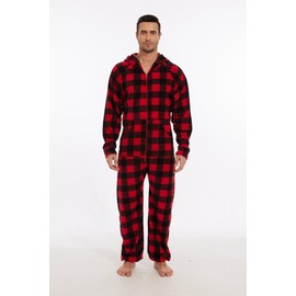 XMASCOMING Women's & Men's Hooded Fleece Onesies One-Piece Pajamas, Red Black Plaid, Medium