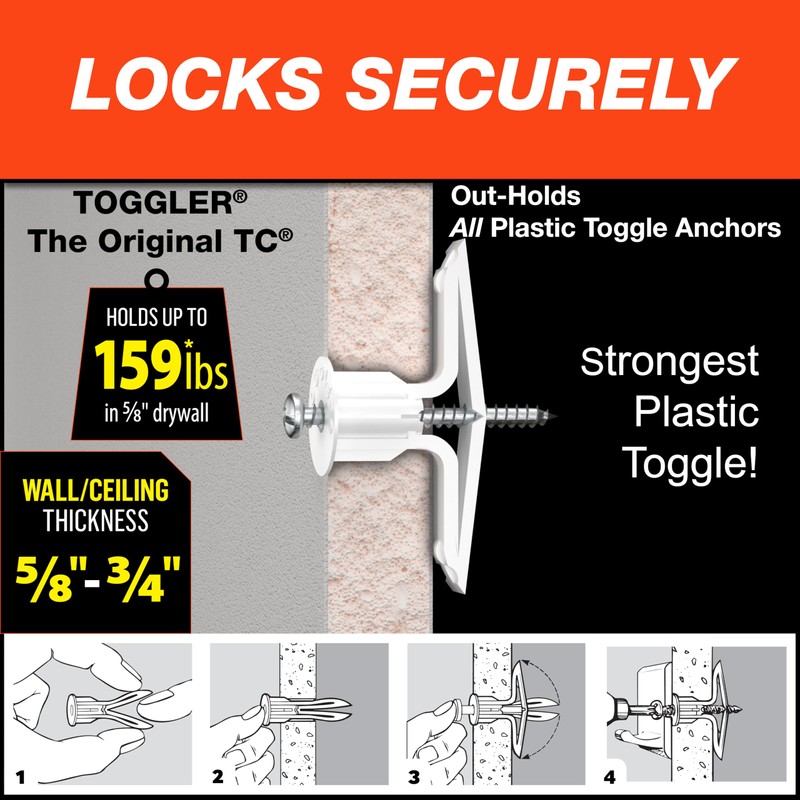 TOGGLER Toggle TC Commercial Drywall Anchor with Screws, Polypropylene, Made