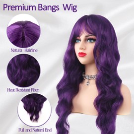 Mxayhnajxl Purple Wigs with Bangs for Women 26 Inch Long Wavy Wigs With Bangs Curly Synthetic Wig Heat Resistant Synthetic Colorful Cosplay Wig