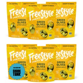 Freestyle Snacks Olive Snack Packs - As Seen on Shark Tank - Fresh Pitted Green Olives, Jumbo-Sized, Grown in Greece, All Natural, Non-GMO, Sugar-Free, Low Calorie - Lemon Garlic, 4oz (6 Pack)