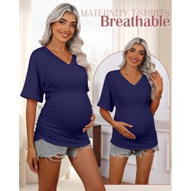 Ficerd 3 Pack Women's Maternity Shirts V Neck Half Sleeve Tops Tunic Cotton Side Ruched Pregnancy Clothes Casual Tee Blouse(Burgundy, Navy Blue, Black,XX-Large)