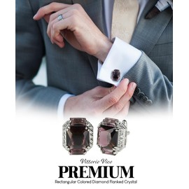 Vittorio Vico Rectangular Colored Diamond Flanked Crystal Cuff Links (Purple/Silver, CL-7411)