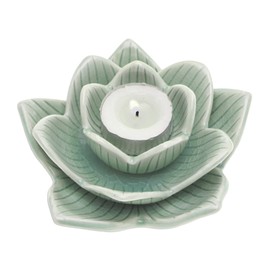 NOVICA Handmade Celadon Ceramic Tealight Candleholder Lotusshaped in Green Thailand Lamps Lighting Holders Floral Traditional 'Blooming Lotus'