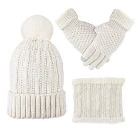 PEUTIER Set of 3 Winter Accessories for Women, Including Warm Fleece Knitted Hat Scarf and Touchscreen Gloves Cold Weather Gift for Family Friends White