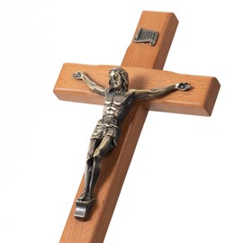 ARCHOBAN Crucifix Wall Cross Catholic, 10 Inch Wooden Cross with Jesus Christ for Home Decor - Light Brown + Antique Brass