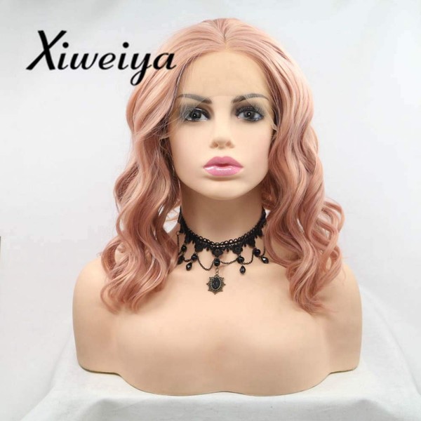 XIWEYA Short Wavy Pink Bob Wig Lace Front Synthetic Wig Rose Gold Pink Heat Resistant Fiber 14" Middle Parting
