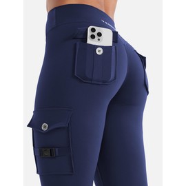 YEOREO CoreFlex Gym Workout Cargo Leggings with Pockets for Women Hidden Scrunch Butt Lifting Yoga Leggings Navy M