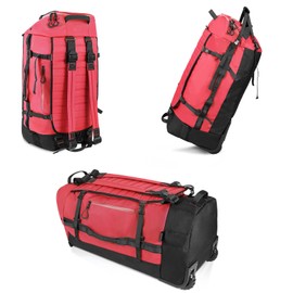 Vomgomfom 86L Collapsible Wheeled Luggage With Removable Backpack Straps,Waterproof Rolling Duffle Bag with Quilted Base (Red)