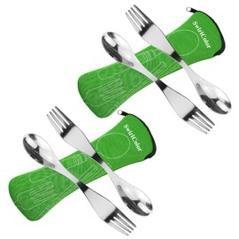 Reuseable Sporks Stainless Steel 4pcs, Portable Cutlery Spoon Fork Camping Cutlery Set with Bag for Travel Outdoor Picnic - Green