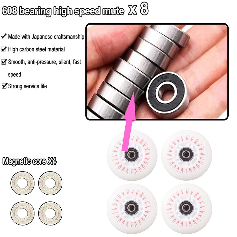 Luminescent Roller Blade Wheels 76mm/80mm ABEC-9 Bearings for Indoor &