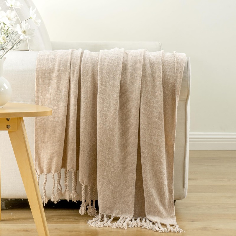BATTILO HOME Beige Throw Blanket for Sofa Bed Couch Chair,
