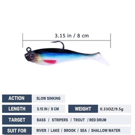 WYSUMMER Fishing Lure Set, 5Pcs Soft Bionic Fishing Lure Bait Head Sea Fish Lures Fishing Tackle Sharp Treble Hook (5pcs 9.5g-Purple-3.15inch)