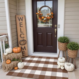 Collive Buffalo Plaid Checkered Outdoor Rug, Fall Autumn Decor Door Mat, 27.5x43 Inches Coffee and White Front Door Rug Outside Entrance, Washable Welcome Layered Doormat for Porch Entryway Patio