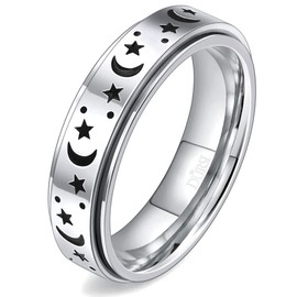 DURSI Moon Star Spinner Fidget Ring for Anxiety Women Men Worry Rings for Girls Boys Kids Stainless Steel Engagement Wedding Promise Band (Silver, Size 5)