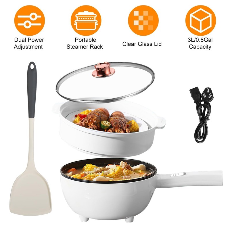 KOCASO Electric Hot Pot with Steamer, 3L Non-Stick Multi-Cooker, Dual