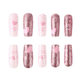RUOKEXIN Valentine Press on Nails Medium Square Fake Nails Pink False Nails with Heart Designs Glitter Full Cover Glue on Nails Sparkly Artificial Nails Cute Stick on Nails for Women 24Pcs