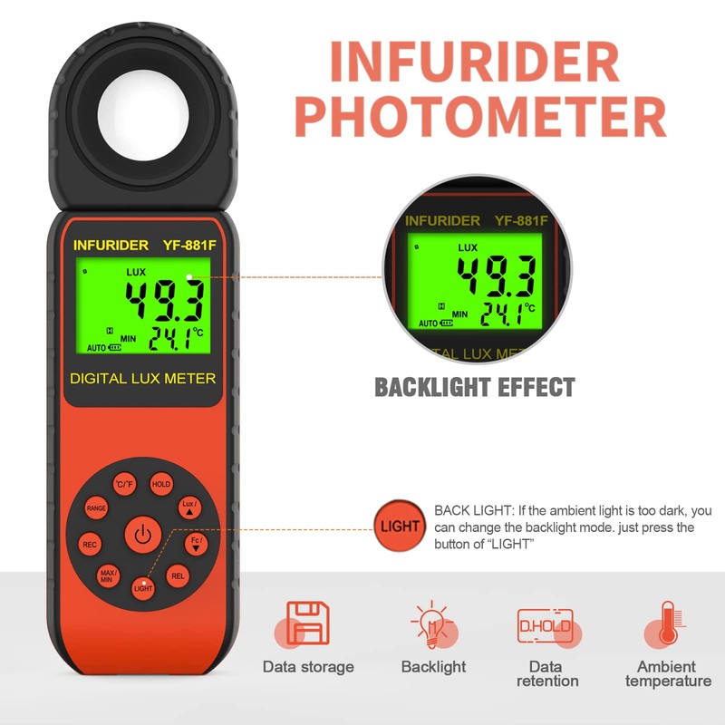Digital Luxmeter Light Meter, INFURIDER YF-881F Light Meter with 0.01-400,000