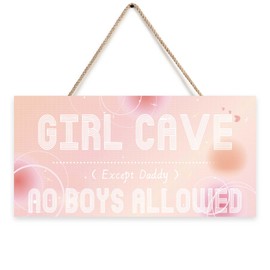 Girl Cave Sign, 12"x6" Cute and Funny Girl Cave Hanging Wooden Door Sign Wall Decor, Kids Room Signs for Door, No Boys Allowed Sign, Room Decor for Teen Girls (Pink)