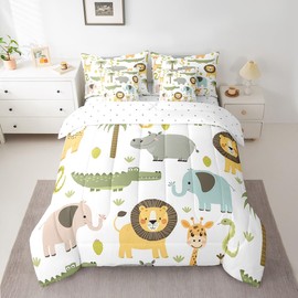 Feelyou Wild Animals 7 Piece Bedding Set Twin, Cute Hippo Crocodile Lion Bed in a Bag Kids Cartoon Elephant Giraffe Bedding Sets with Comforter, Pillowcases, Flat Sheet, Fitted Sheet, Cushion Cover
