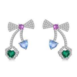 Colorful Zirconia Gemstone Pendant Earring White Gold Plated 925 Sterling Silver Zircon Bow Ornate Earrings for Women Christmas Jewelry Gift 2024