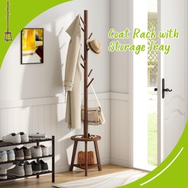 BMOSU Coat Rack freestanding Stand with 2 Shelves Bamboo Wooden Coat Tree Easy Assembly 8 Hooks Standing Jackets Hanger Hallway Office Floor Coat Stand Brown