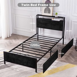 GAZHOME Twin Size Bed Frame with 2 Storage Drawers, Platform Bedframe with Storage Headboard, Strong Metal Slat Support/No Box Spring Needed/Easy Assembly/Space Saving,Black