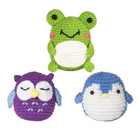 KinSeng Crochet Kit for Beginners,Beginner Crochet Kit with Step-by-Step Video Turorials,3 Pattern Animals-Owl,Penguin,Frog,DIY Knitting Craft for Adults and Kids (Owl Penguin and Frog)