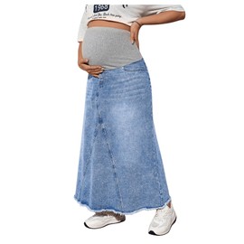 MakeMeChic Women's Maternity Jean Denim Maxi Skirt Pregnancy High Waisted A Line Adjustable Waist Long Skirts Multicolor Medium