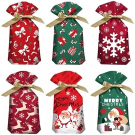 Yulun Christmas Drawstring Bags - 30 PCS in 6 Styles with Ribbon Ties for Candy, Treats, and Presents Birthday Wedding Christmas Party (6styles（each style5）, 15 * 23cm)