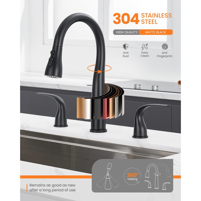 TIORIY Black Kitchen Faucet 3 Hole with Pull Down Sprayer,