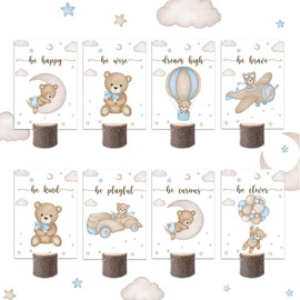 16Pcs Blue We Can Bearly Wait Centerpieces and Wooden Stands, Boy Baby Shower for Table Decorations, Double Side Bear Themed Baby Shower Party Supplies for Boys