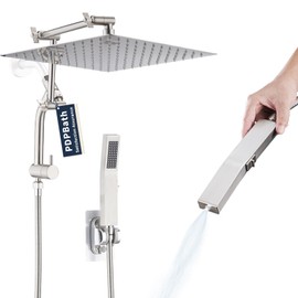 PDPBath All Metal 12'' Rainfall Shower Head with Handheld Combo, Upgrade 3-Way Diverter with Pause Setting, High Pressure Rain Shower Head with 16'' Adjustable Extension Arm, 59" Hose, Brushed Nickel