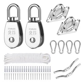 TooTaci TooTaci Crane Pulley Block Set, M25 Stainless Steel Lifting Pulley Wheel with 6mm/10M Nylon Pulley Rope & Carabiner, Oblong Eye Pad Plate, Cleat Hooks,for Washing Line, Shade Sail