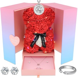 Vignor Rose Bear Teddy Bear Artificial Flowers Forever Gift Box Set for Her Girlfriend Women Wife Anniversary Christmas Valentines Birthday Mothers Day (Red Bear)