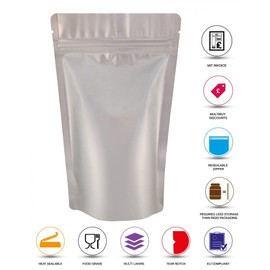 RIGHTPAK Stand Up Pouch Silver Matt 50 Pieces 19cm x 26cm Resealable Ziplock with Tear Notch for Food Storage, Heat Sealable