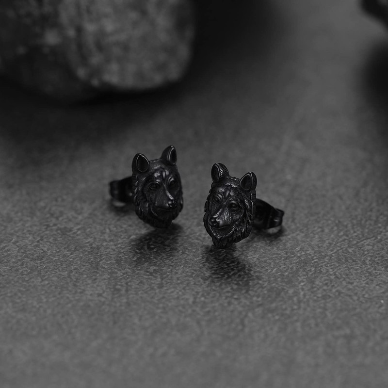 Norse Viking Wolf Stud Earrings Stainless Steel Retro Fenrir Ear