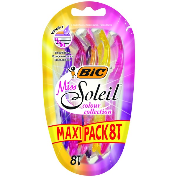 BIC Miss Soleil Colour Collection, Triple Blade Razor for Women, Great Grip and Control, with Flower Designed Handles, Pack of 8